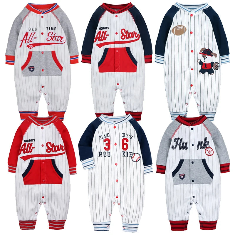 Newborn baby clothes cotton pajamas baseball sport style with pocket long sleeve jumpsuit coverall toddler baby girl rompers