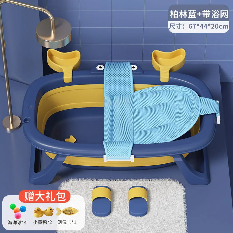 Cartoon Newborn Foldable Bathtub With Extended Anti Slip Design, Double Sided Storage Slot,Baby Bathroom Supplies Infant Bathtub