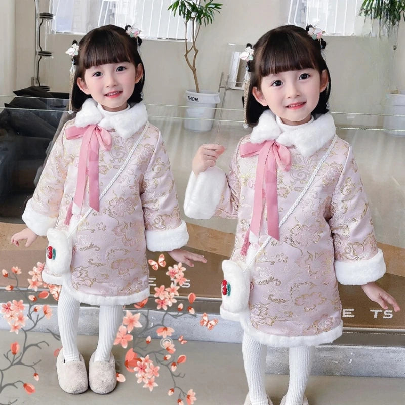 Girls Cheongsam 2023 Winter 2-10 Years New Year Embroidery Thickening Kids Baby Girl Traditional Chinese Style Ethnic Tang Dress