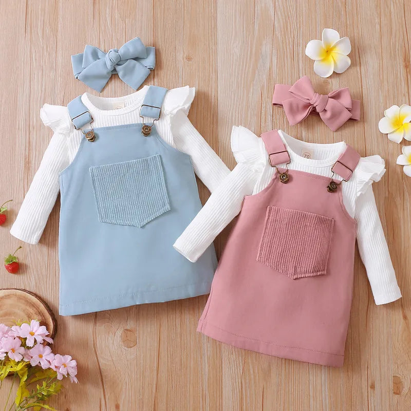 Newborn Baby Girl Front Pocket Suspender Skirt Headwear Set 0 to 18 Months