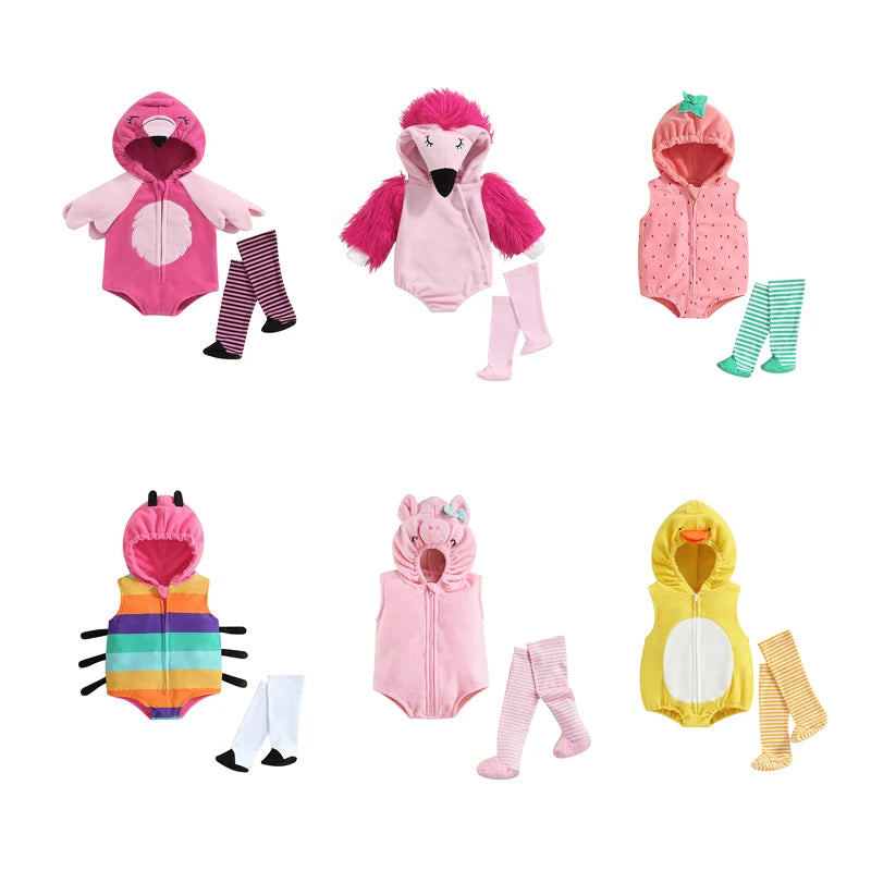 Tregren 0-24M Infant Baby Girls Romper Sets Flamingo Long Sleeve Hooded Zipper Bodysuit With Wings Socks Fall Halloween Costumes