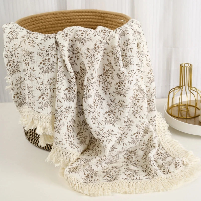 Breathable Muslin Baby Stroller Blanket Cotton Baby Wrap Cloth Breathable Receiving Blanket with Tassels for Infant