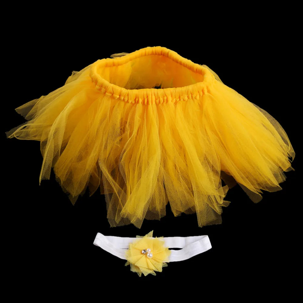 Newborn Photography Props Baby Chiffon Flower Tutu Skirt Suit Shoots Gauze Skirt+hairband Cute Babies Girls Dress Clothes Photo