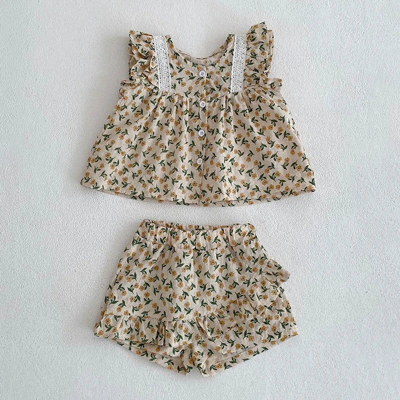 Toddler Baby Floral Suit Infant Short Sleeves Top+Bread Shorts 2pcs