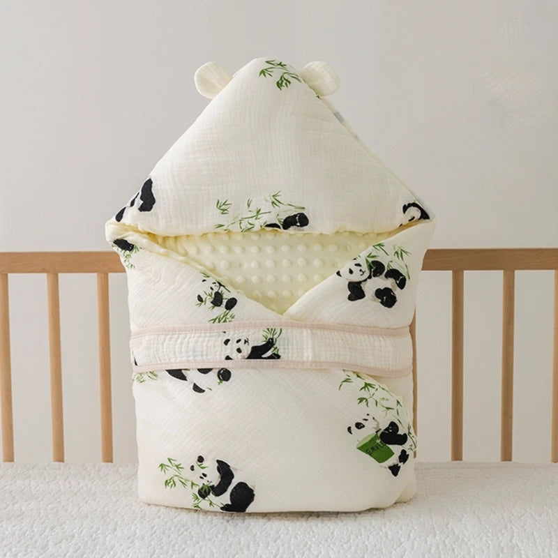 Cotton Flannel Baby Blanket Swaddle Hooded Cartoon Bear Print Winter Warm Baby Quilt Fleece Thickened Newborn Sleeping Bag