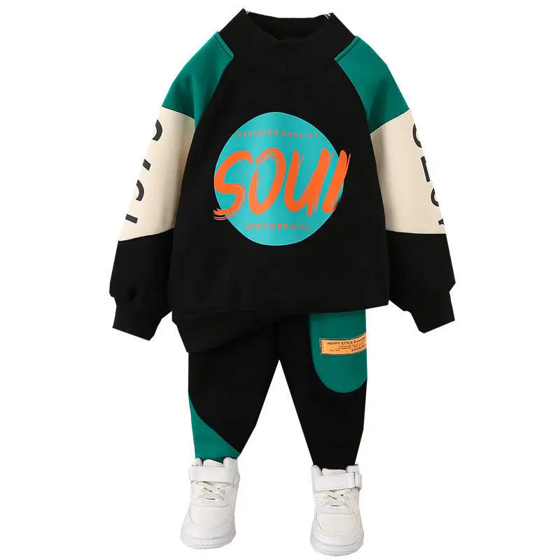 Boy Long Sleeve Letter Patchwork O-Neck Sweatshirt 2Pcs Suit