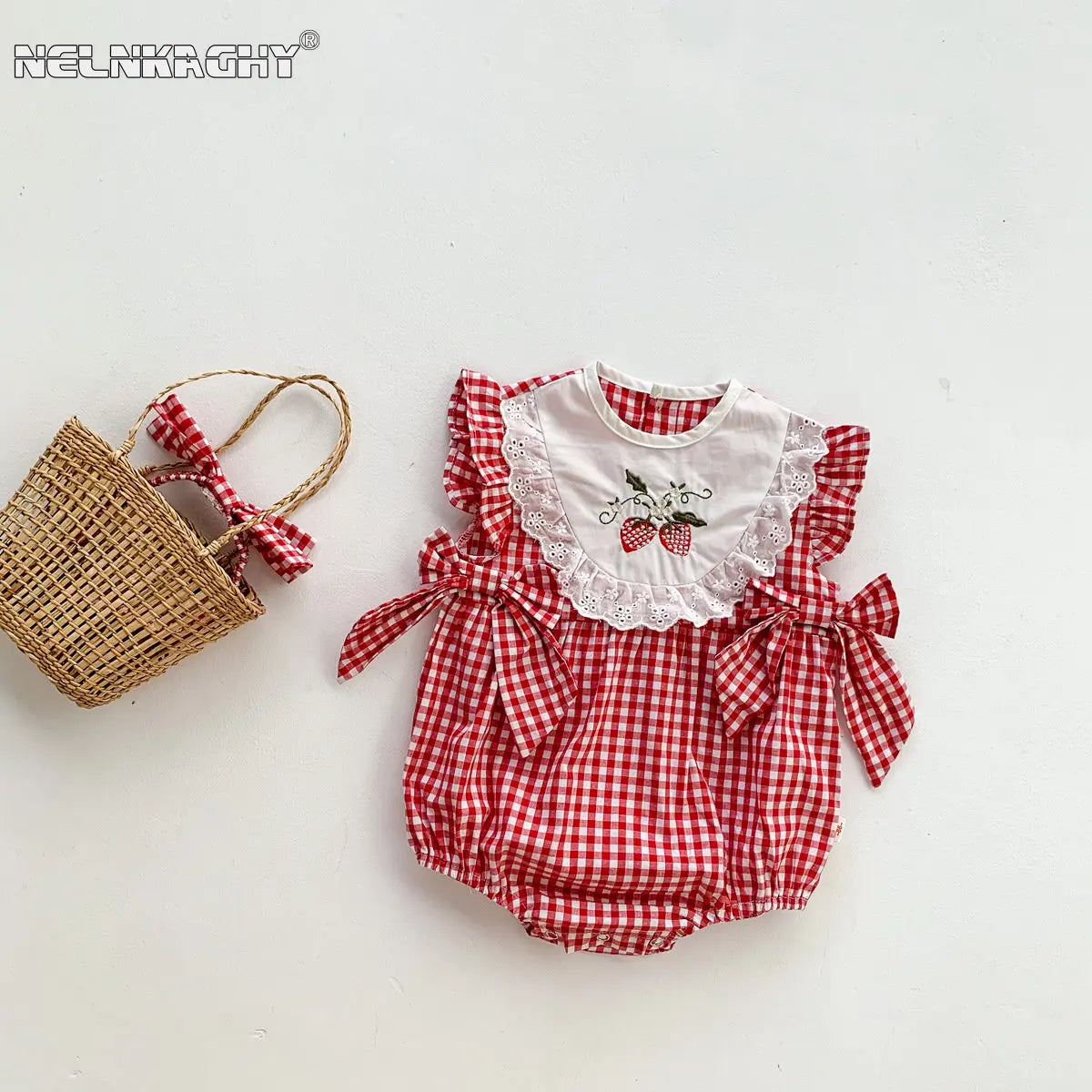 Infant Girls Summer Plaid Embroidery Flower Bodysuits Gift Headbands