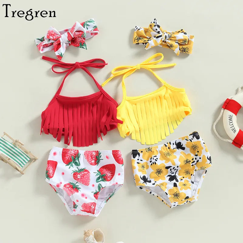 Tregren Toddler Baby Girls Swimsuit Tassel Top + Strawberry/Flower Print Shorts Headband 3pcs Bikini Split Bathing Suit Swimwear