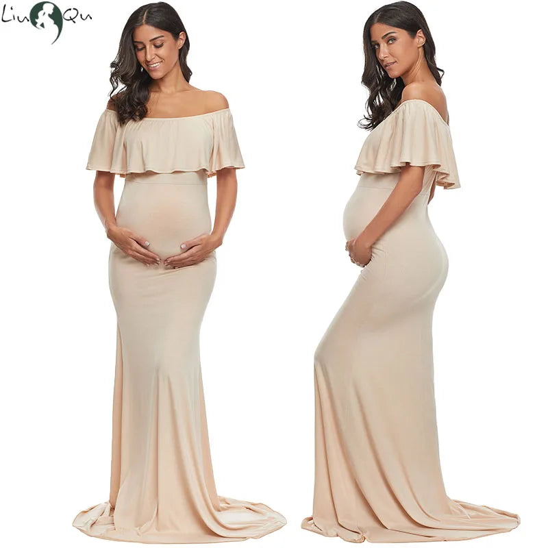 Liu&Qu Women Maternity Photo Shoot Dresses Elegant Slim Robe Pregnancy Photography Dress Off Shoulder Long Dresses Party Clothes