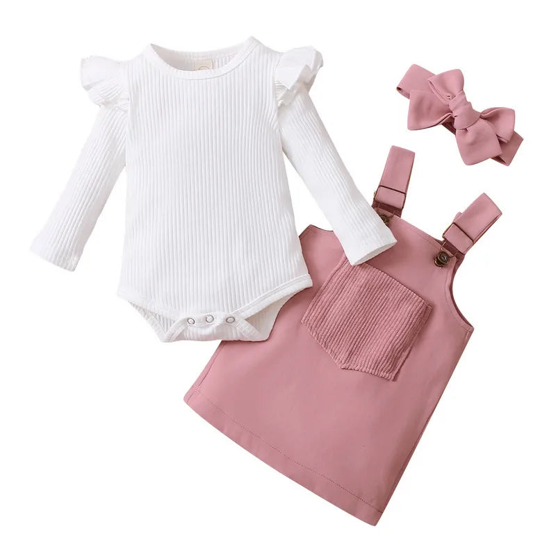 Newborn Baby Girl Front Pocket Suspender Skirt Headwear Set 0 to 18 Months