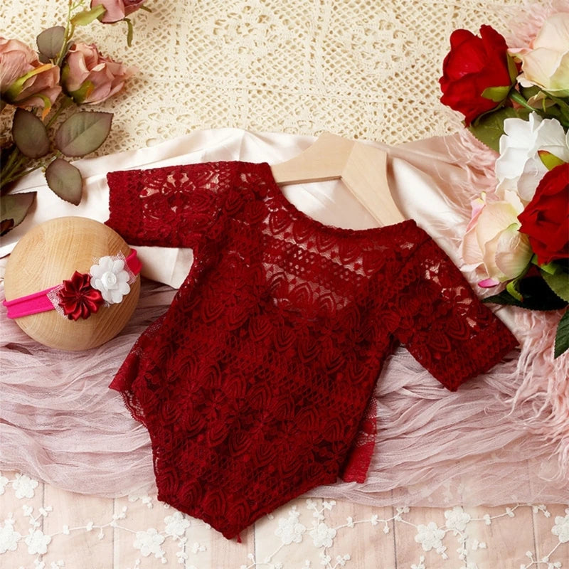 Newborn Girls Photography Props Lace Romper Flower Headdress Baby Costume Photoshooting Accessories Infant Shower Gifts