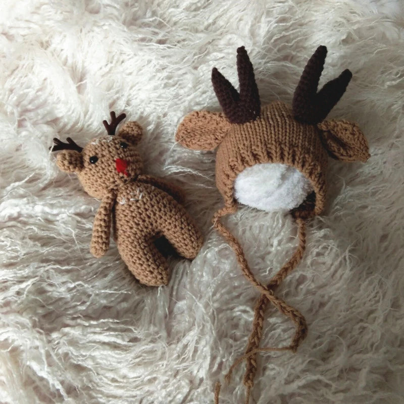 MOMLUVBB Newborn Baby Photography Props Knit Crochet Cute Christmas Elk Doll Hat Bonnet 2PCS Fotografia Studio Shoot Photo Props
