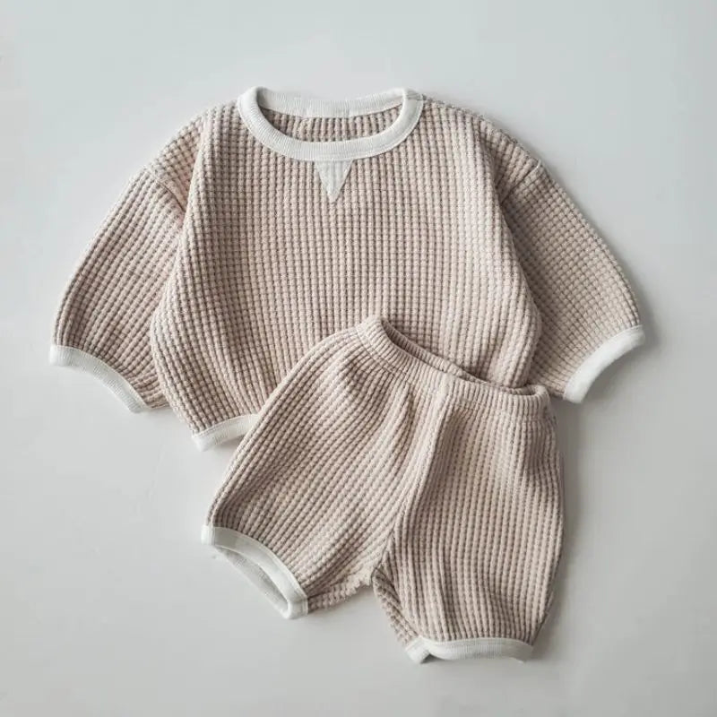 New Baby Waffle Sweatshirt Tops+Pants Suit Tracksuit
