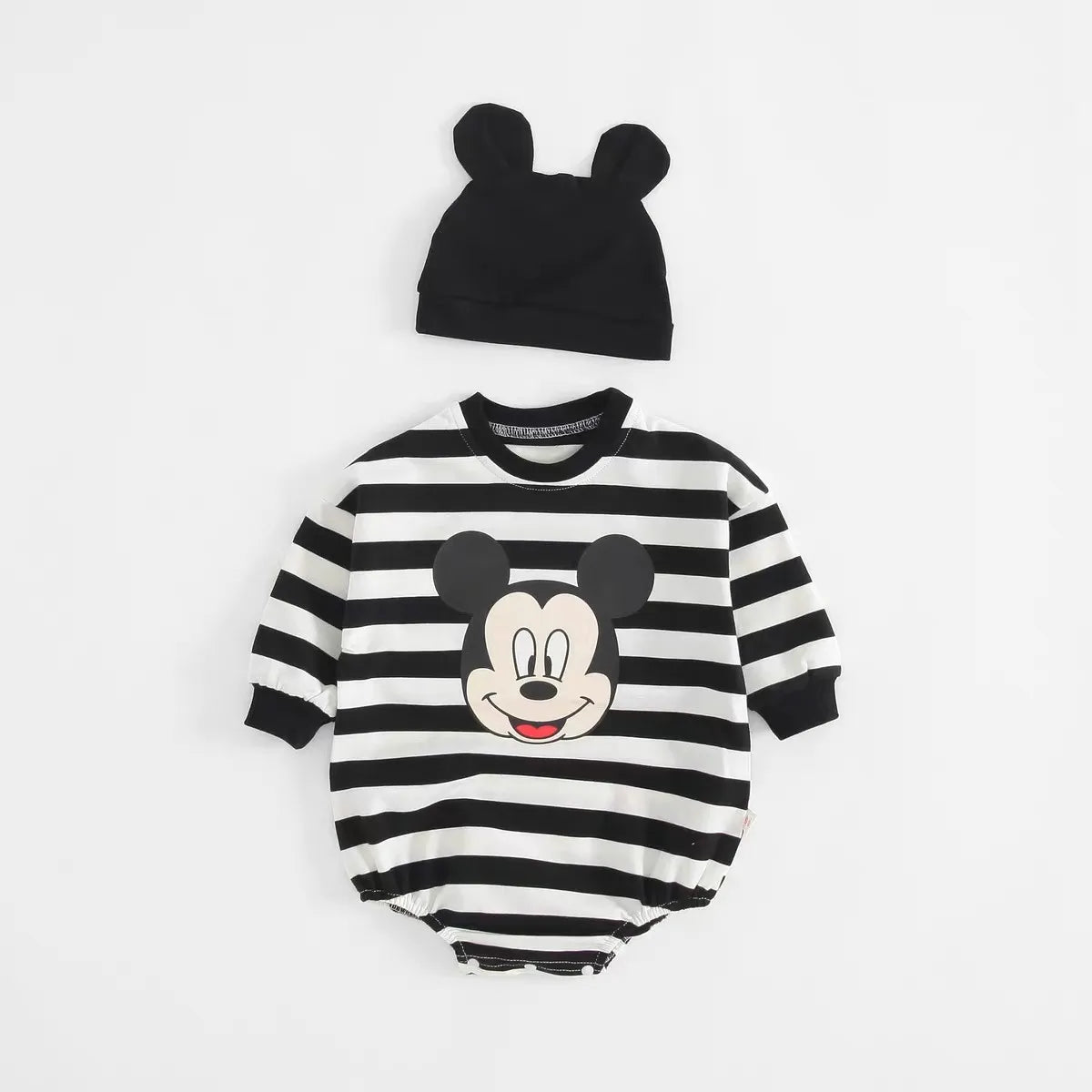 Striped Mickey Baby Long Sleeve Cotton Bodysuit With Hat