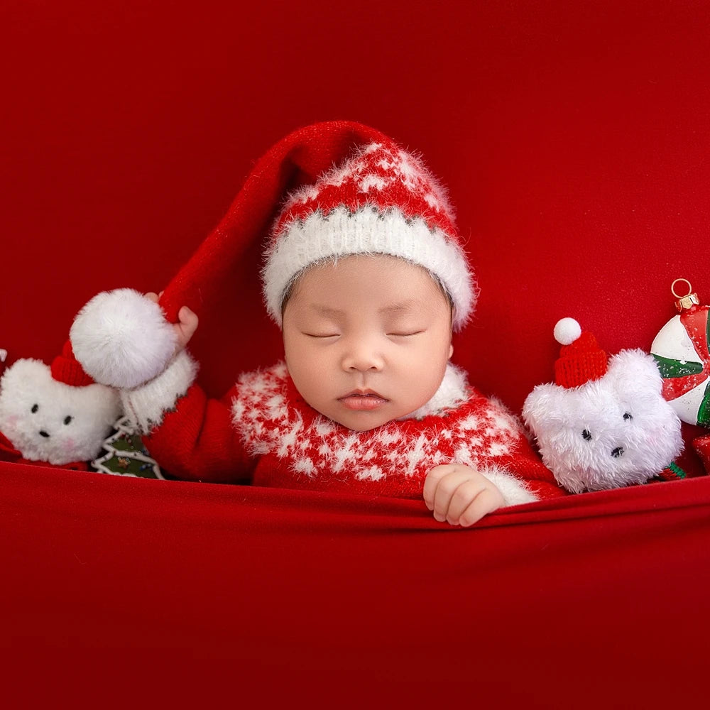 Red Baby Christmas Outfit Newborn Photography Props Knitted Newborn Christmas Clothes Baby Girl Costume Photo Shoot Accessories