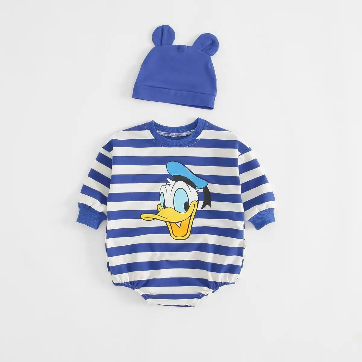 Striped Mickey Baby Long Sleeve Cotton Bodysuit With Hat