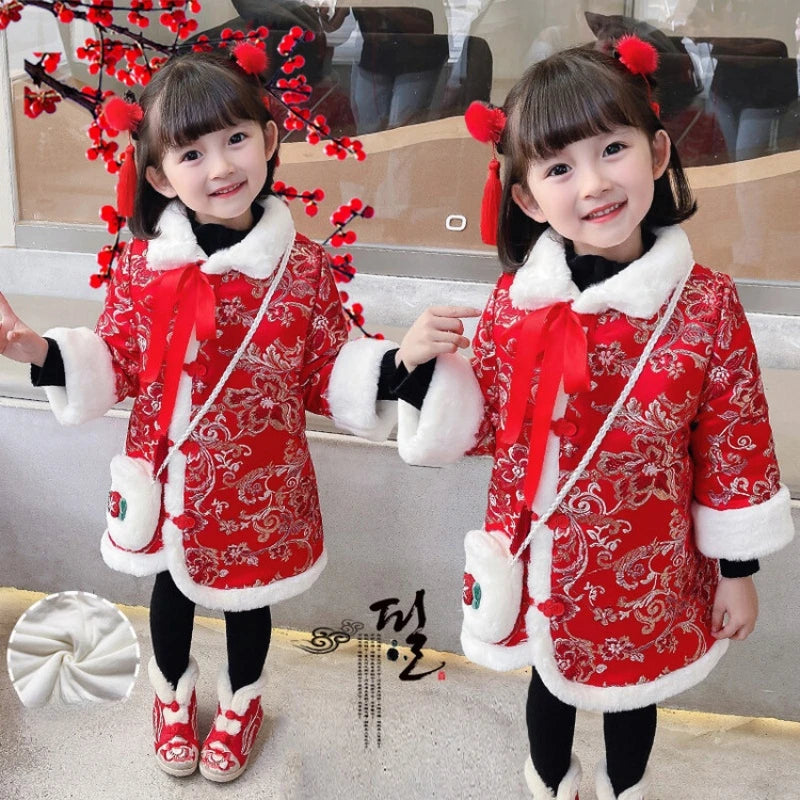 Girls Cheongsam 2023 Winter 2-10 Years New Year Embroidery Thickening Kids Baby Girl Traditional Chinese Style Ethnic Tang Dress