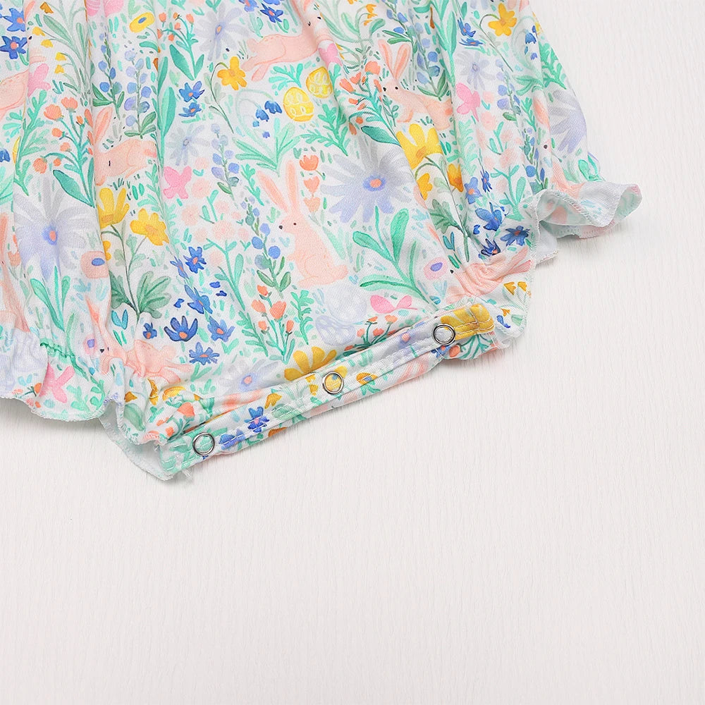 Summer Flower Bubble Romper Babi Girls Clothes Floral Printing Bodysuit Bow Outfit Sleeve One Piece New Born Short 0-3T Jumpsuit