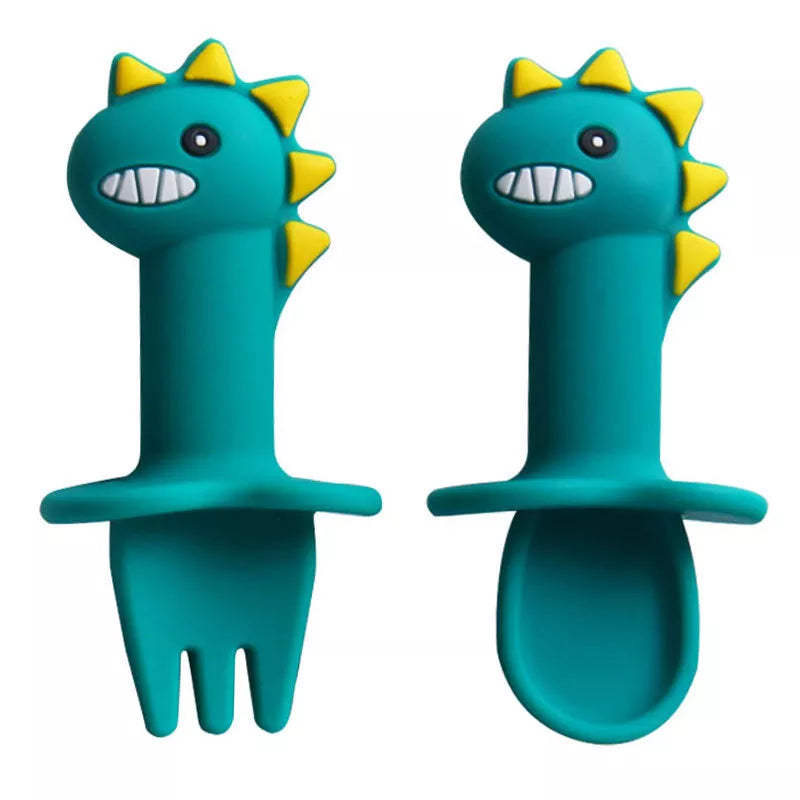 Baby Dinosaur Silicone Tableware Learning Spoon Fork Set Kids Anti-slip Feeding Training Utensils  Food Grade Silicone Dishes