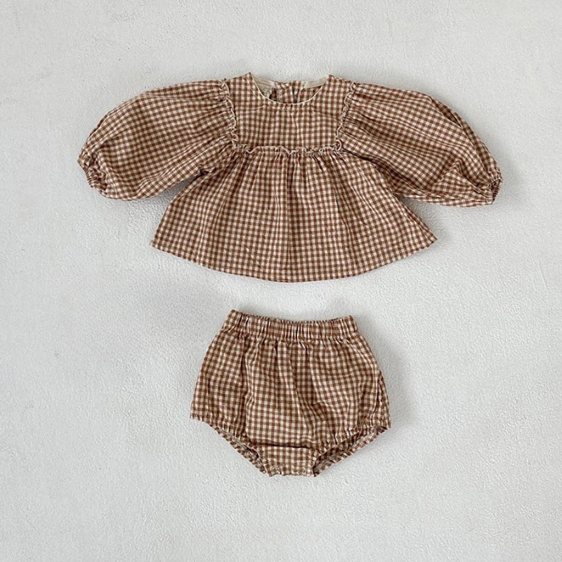 Spring Toddler Baby Girls Set Cotton Plaid Blouse and Shorts Sets