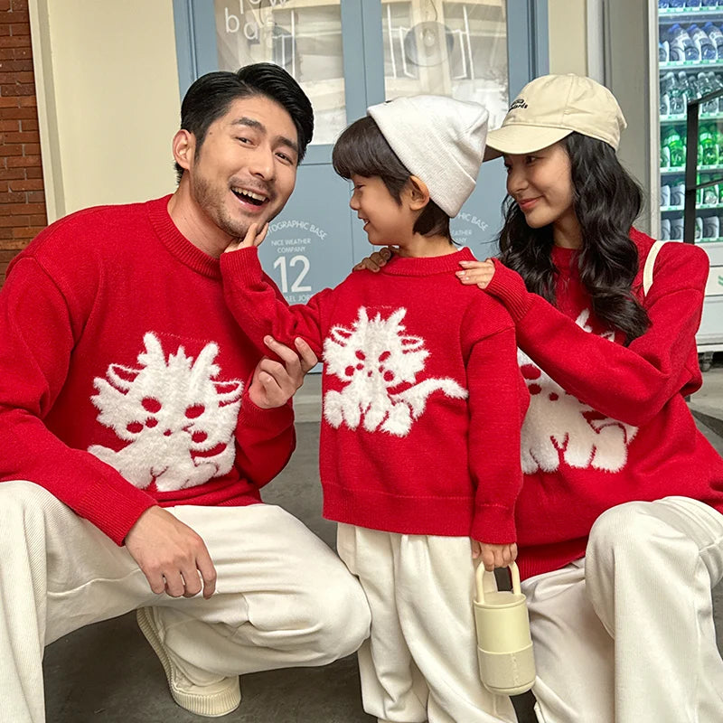 2024 Winter 1-10 Years Kid Girls Boys Mother/Father S M L XL XXL Adults Family Matching Outfits Red Chinese New Year Sweater