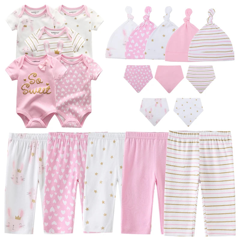 Baby Bodysuits+Pants+Hats+Bibs Cotton Sets