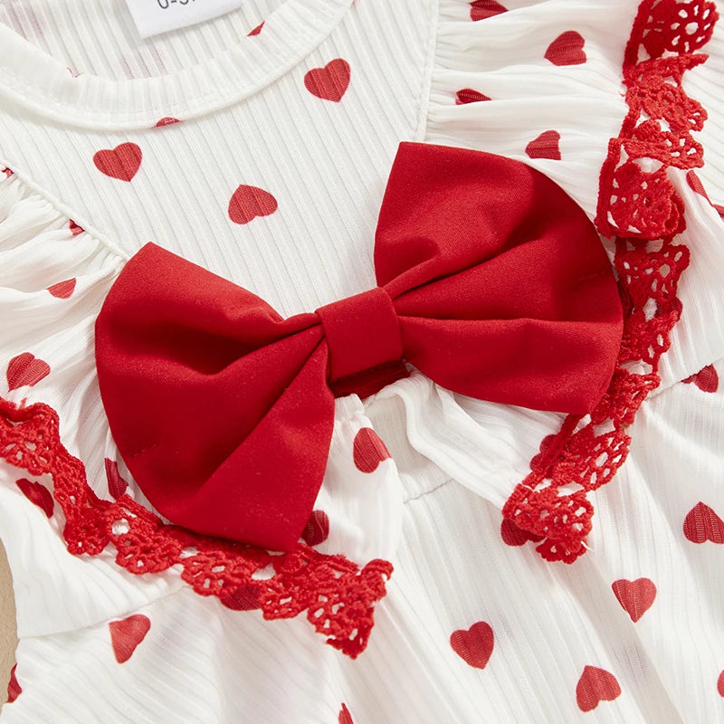 Tregren Newborn Baby Girl Valentine's Day Outfits Long Sleeve Heart Print Bow Romper with Headband 2pcs Set Cute Infant Clothes