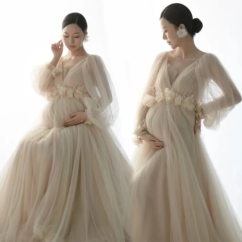 Women's Champagne Maternity Photo Shoot V-Neck Long Sleeves