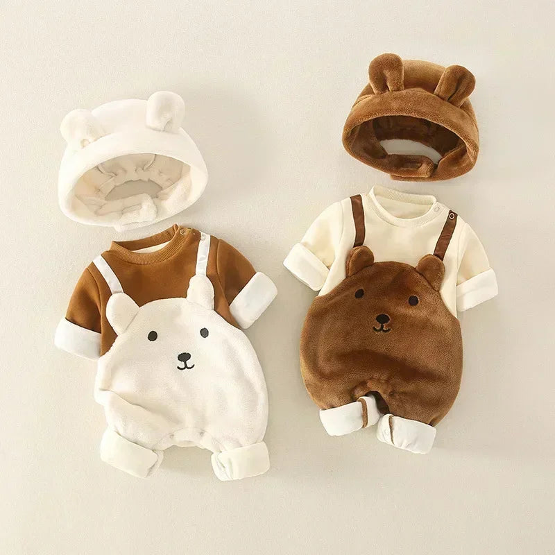 Winter Newborn Baby Cute Bear Warm Strap jumpsuits sets