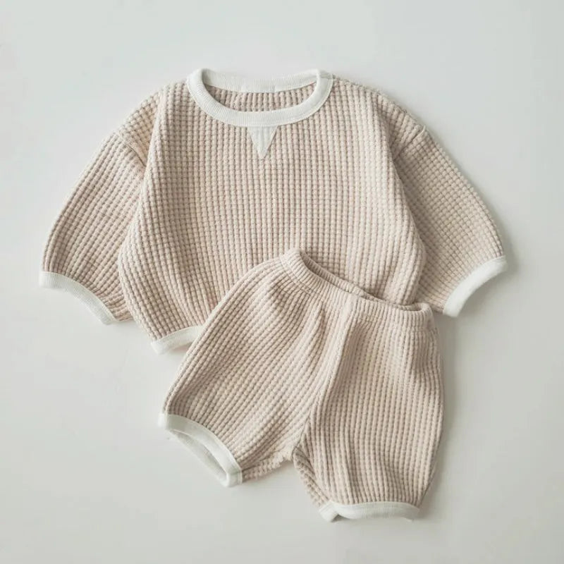 New Baby Waffle Sweatshirt Tops+Pants Suit Tracksuit