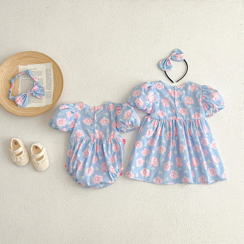 Flower Printed Toddler Baby Girls Sister Dress Summer