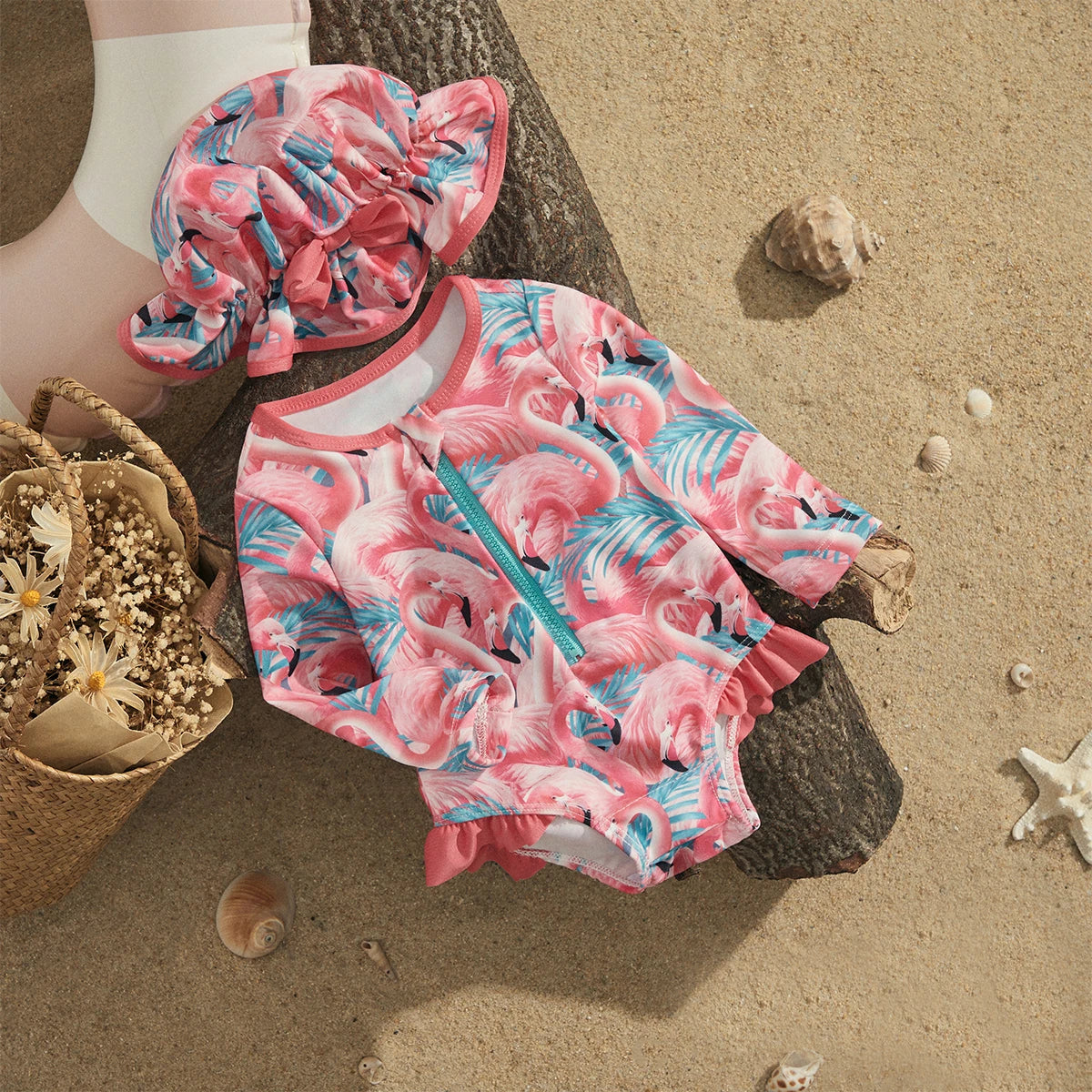 EWODOS Toddler Baby Girls Summer Rash Guard Swimsuit Casual Long Sleeve Strawberry Print Bathing Suit + Sun Hat Beachwear Set