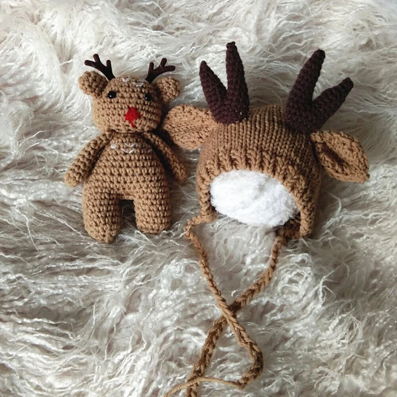 MOMLUVBB Newborn Baby Photography Props Knit Crochet Cute Christmas Elk Doll Hat Bonnet 2PCS Fotografia Studio Shoot Photo Props