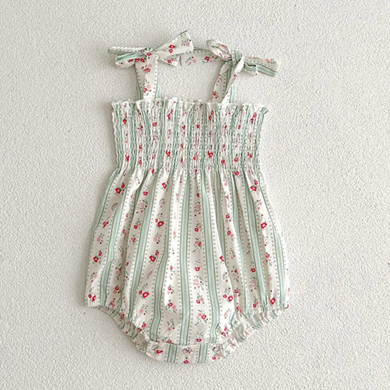 Korean Style Summer Girls Floral Jumpsuit+Hair Band 2pcs