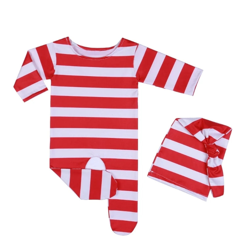 Christmas Newborn Baby Photo Shoot Prop Outfit Long Sleeve Red White Stripe Outfit Clothes Santa Bodysuit with Footies
