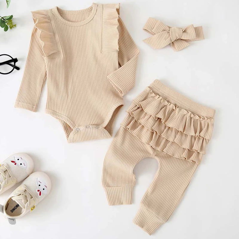 Infant Baby Ruffles Bodysuits + Pants + Headband 3Pcs