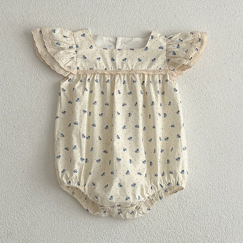 Korean Style Summer Girls Floral Jumpsuit+Hair Band 2pcs