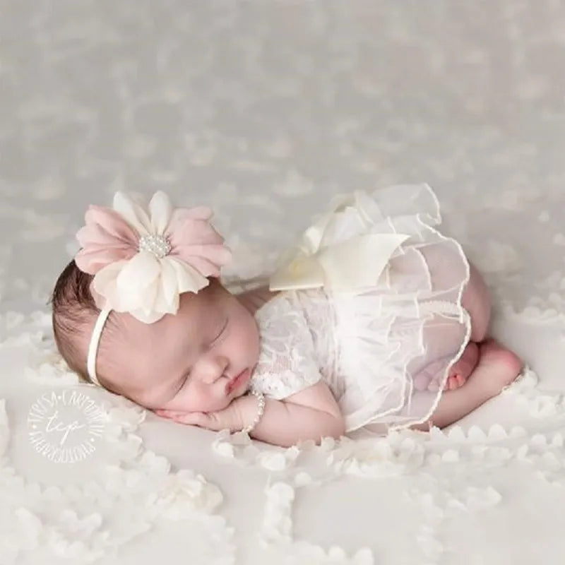 Baby Photography Props Outfit Lace Bowknot Skirt with Flower Headband for Newborn Infant Girls Photo Taking Accessories