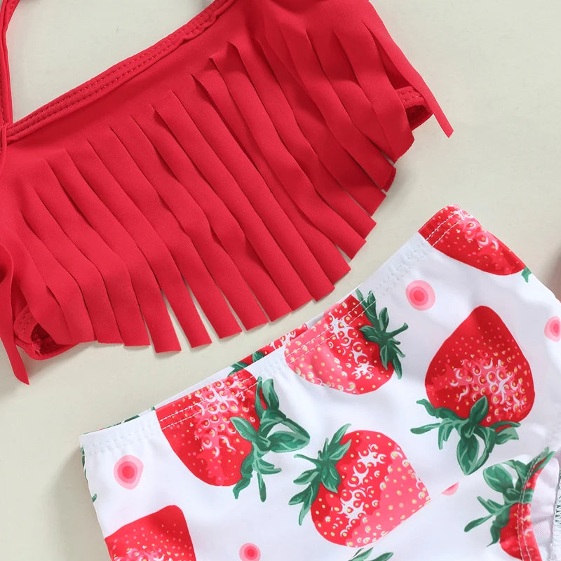 Tregren Toddler Baby Girls Swimsuit Tassel Top + Strawberry/Flower Print Shorts Headband 3pcs Bikini Split Bathing Suit Swimwear