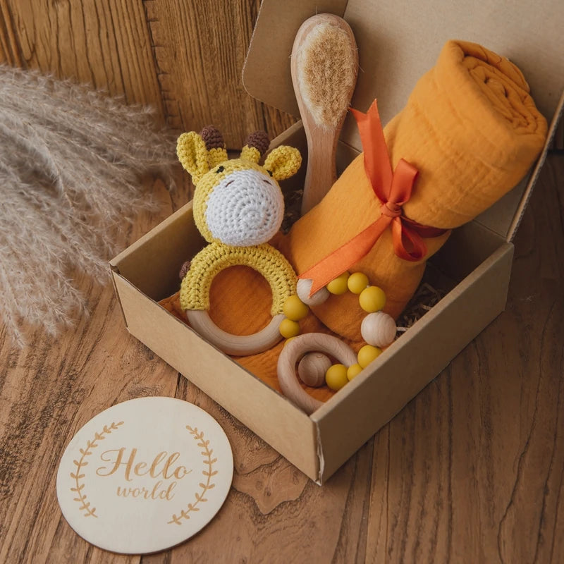 Baby Gift Set Newborn Infant Baby Towel Newborn Bath Toy  Baby Drool Towel  Wood Rattle  Growth Milestone Baby Socks Baby Gift