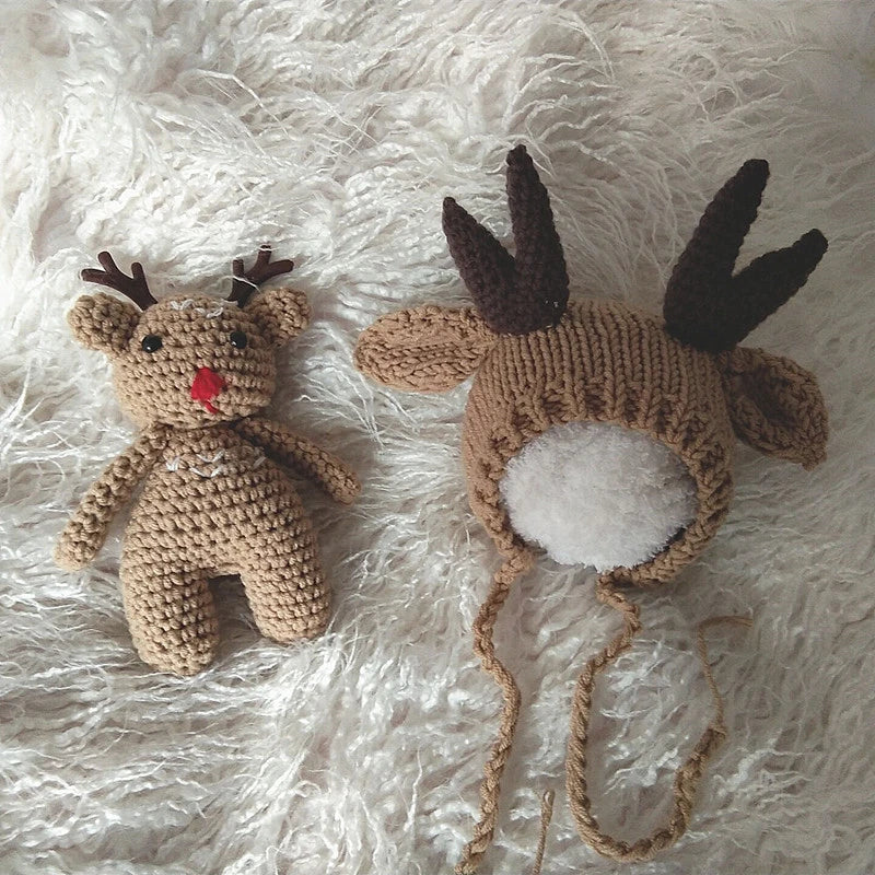 MOMLUVBB Newborn Baby Photography Props Knit Crochet Cute Christmas Elk Doll Hat Bonnet 2PCS Fotografia Studio Shoot Photo Props