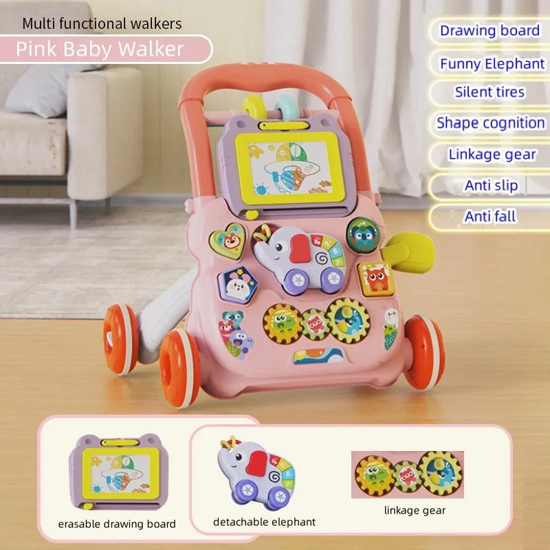 Baby Drag Walker with Wheel Kawaii Elephant Musical Toy Push Walking for Toddler Multifunction Activities Baby 1-3 Years Old