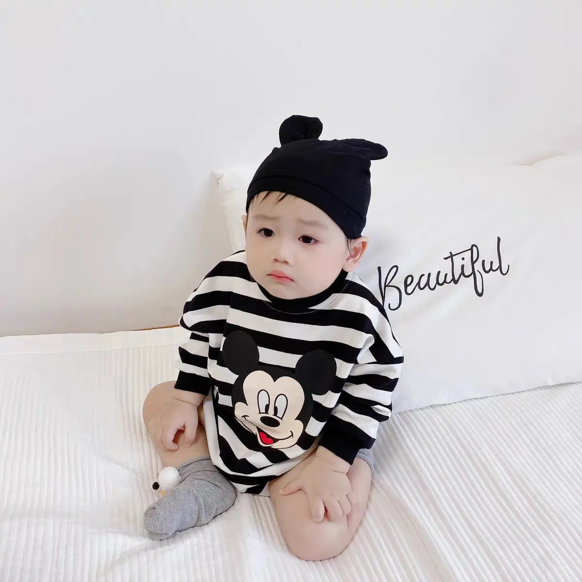 Striped Mickey Baby Long Sleeve Cotton Bodysuit With Hat
