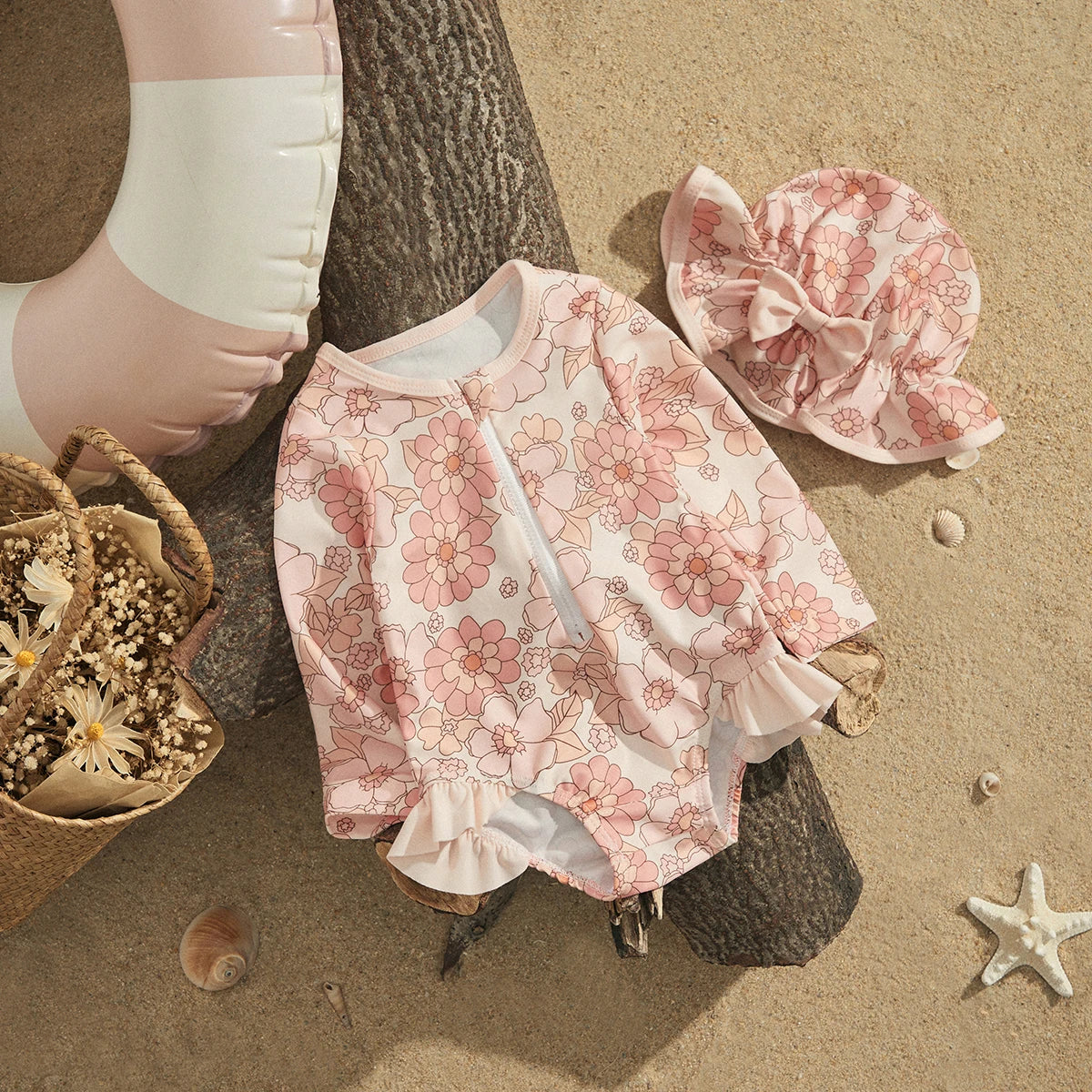 EWODOS Toddler Baby Girls Summer Rash Guard Swimsuit Casual Long Sleeve Strawberry Print Bathing Suit + Sun Hat Beachwear Set