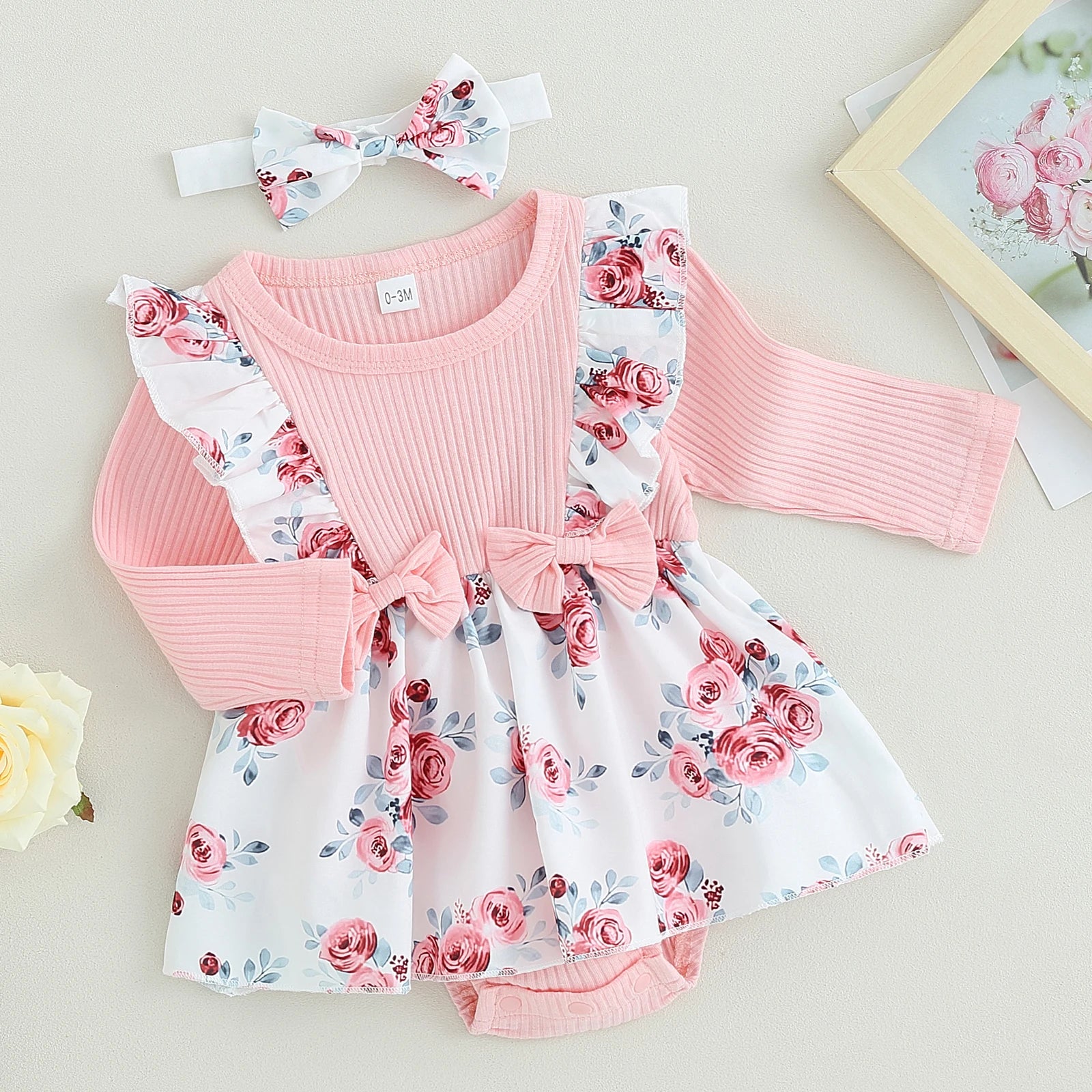 BeQeuewll Infant Girl Rompers Dress Rib Knit Floral Print Skirt Hem Jumpsuits Newborn Clothes Baby Bodysuits with Headband
