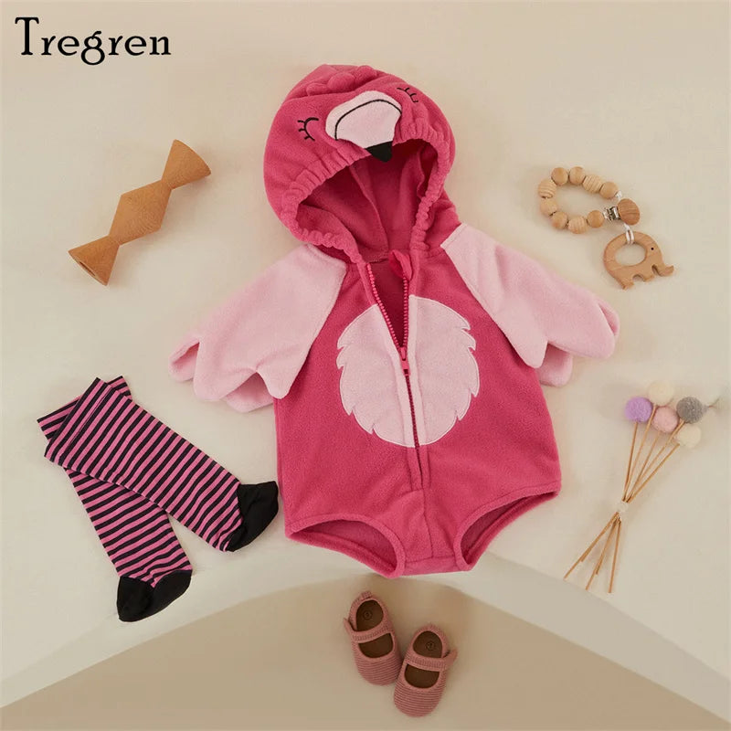 Tregren 0-24M Infant Baby Girls Romper Sets Flamingo Long Sleeve Hooded Zipper Bodysuit With Wings Socks Fall Halloween Costumes