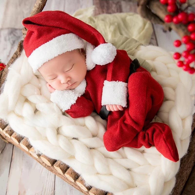 Newborn Photo Props Santa Clause Hat Footed Romper Pants Posing Props Baby Photography Bodysuit Infant Christmas Costume