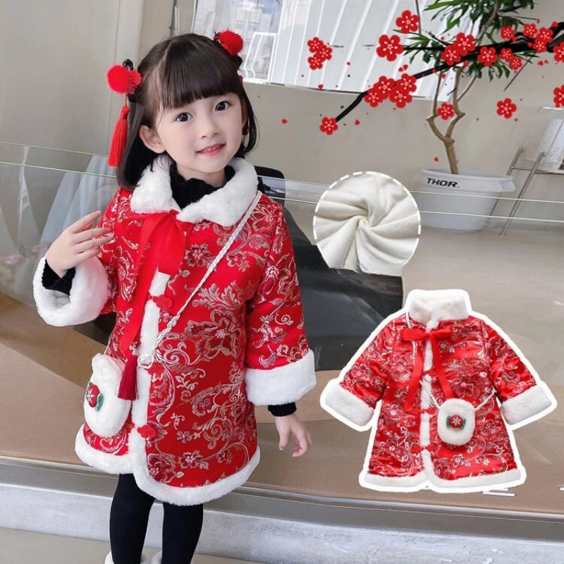Girls Cheongsam 2023 Winter 2-10 Years New Year Embroidery Thickening Kids Baby Girl Traditional Chinese Style Ethnic Tang Dress