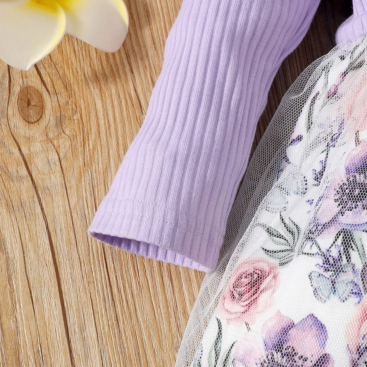 Newborn Girls Dress Spring and Autumn Toddler Girl Clothes Purple Long-sleeve Stitching Flower Print Plus White Mesh Baby Dress