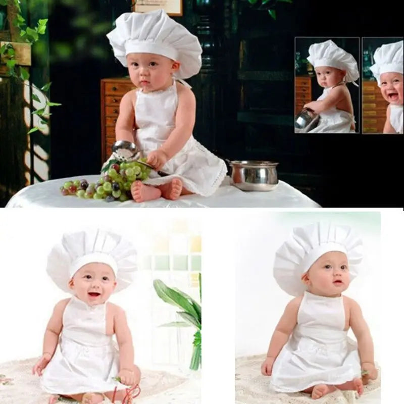 Cute Baby Chef Apron and Hat Infant Kids White Cook Photos Costume Photography Clothing For Baby Photography Props